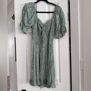 Women's Sage Green Floral Puff Sleeve Midi Dress